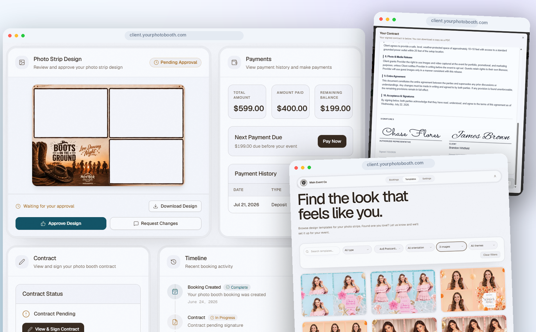 Branded BoothIQ client portal with contract, payment, design, and event actions.