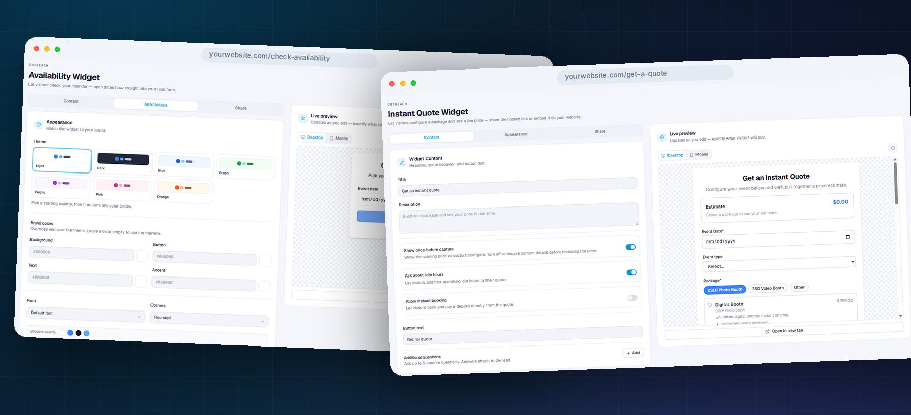 BoothIQ website availability checker and instant quote widgets.