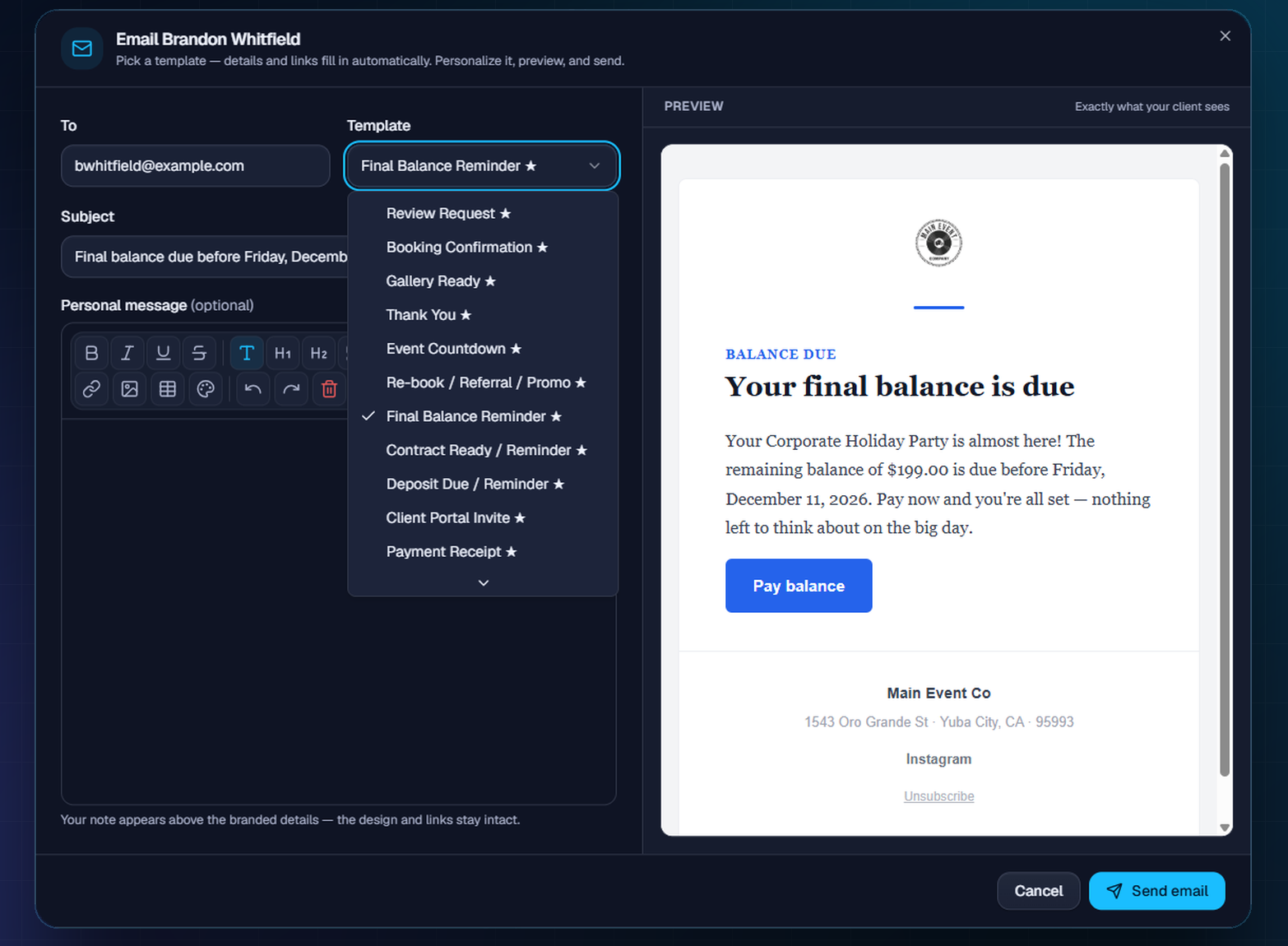 BoothIQ automated email editor with a branded client email preview.