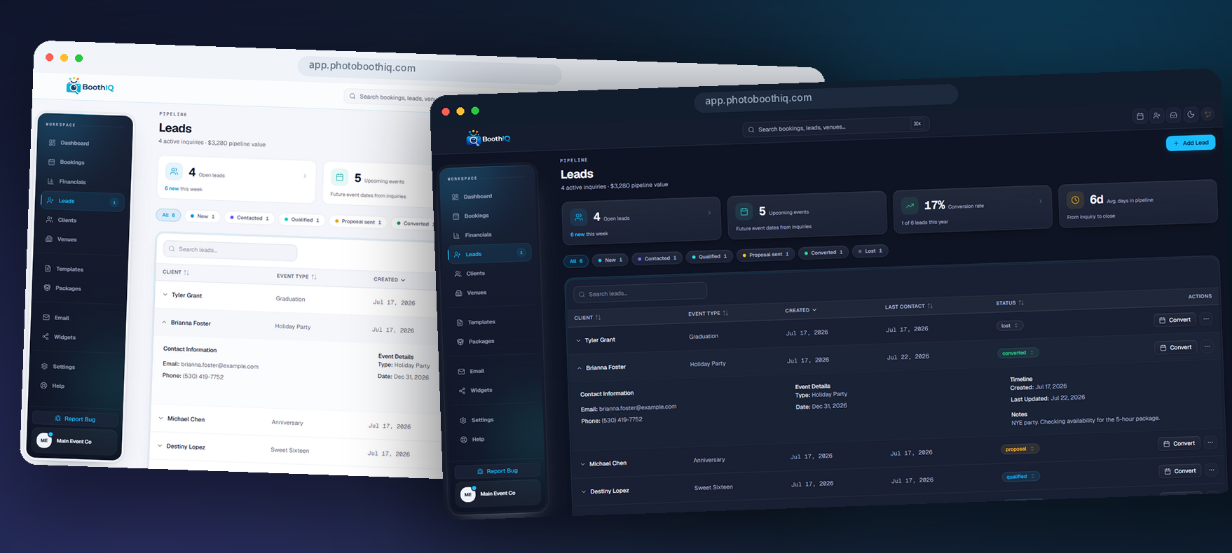 The BoothIQ workspace shown side by side in light and dark themes.