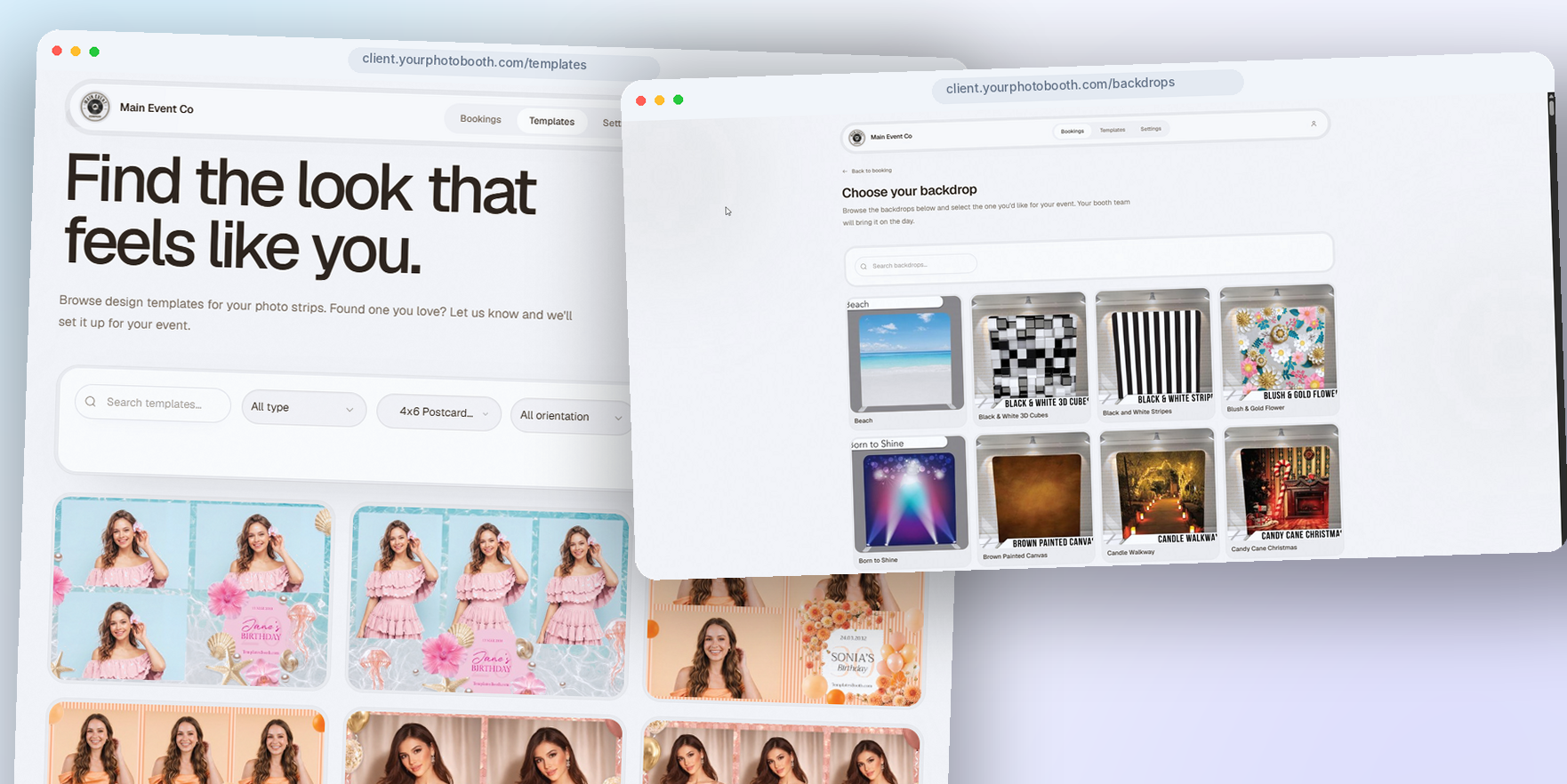 Client selection screens for photo-strip templates and backdrops.