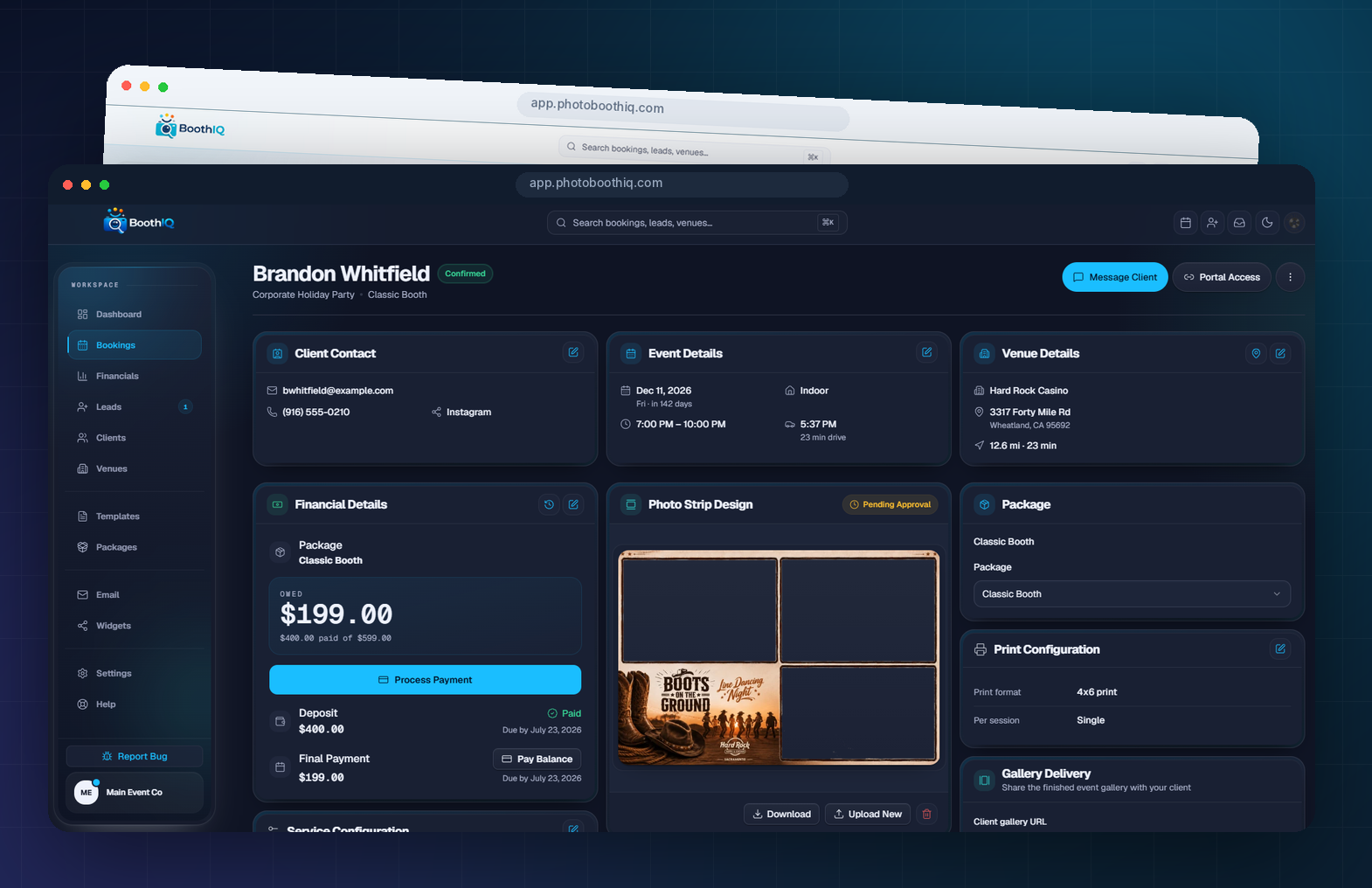 BoothIQ booking workspace showing a complete photo booth event record.