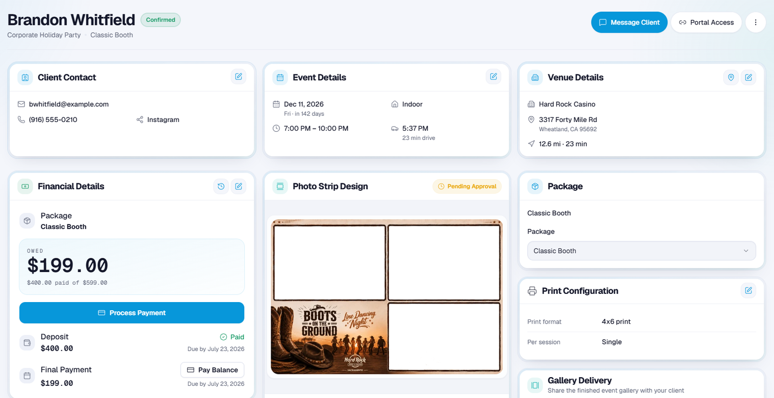 BoothIQ booking record showing the event, venue, package, payment, and design details.