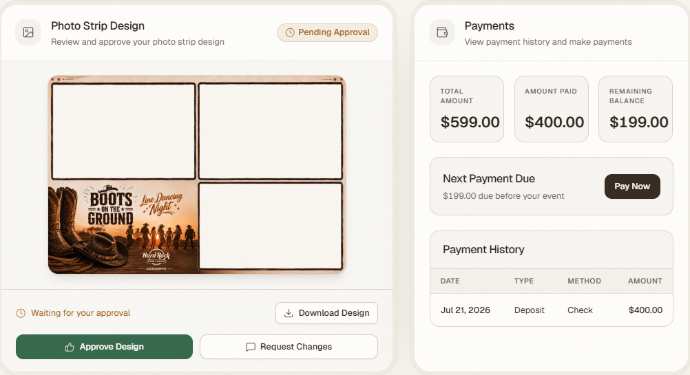 Client portal cards showing design approval, payment history, and remaining balance.