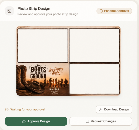 Photo-strip design approval card in the client portal with approve and request-changes actions.