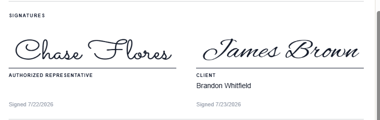 Signed photo booth contract in the client portal showing both signatures.
