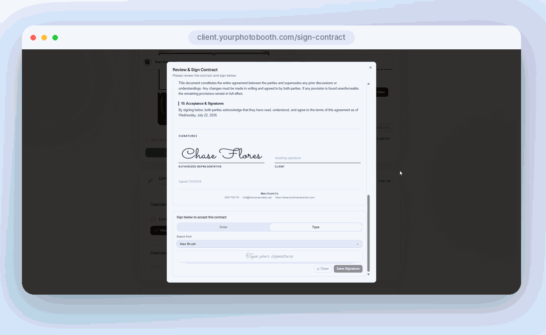 A client signing a photo booth contract through the BoothIQ portal.